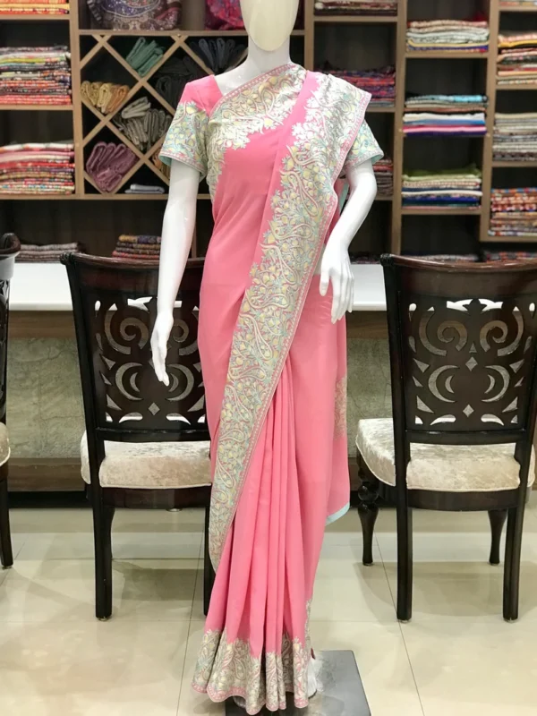 Pink Viscose Georgette Aari Embroidered Kashmiri Saree