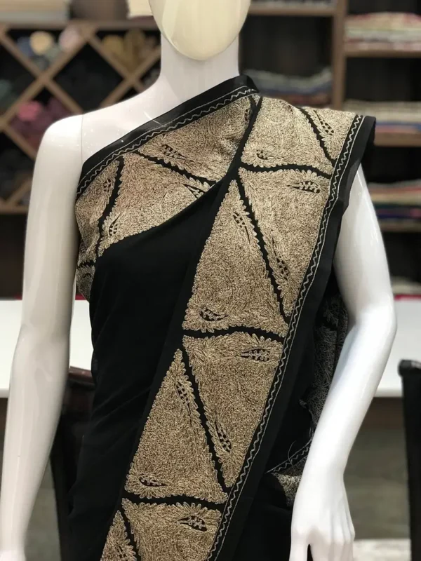 Black Intricate Aari Silk Thread Embroidered Kashmiri Saree front