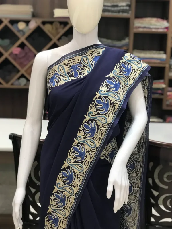 Viscose Georgette with Multi-Colour Aari and Zari Embroidered Kashmiri Saree:(Navy Blue) front
