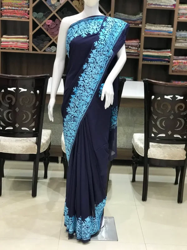 Navy Blue Viscose Georgette Aari Embroidered Kashmiri Saree