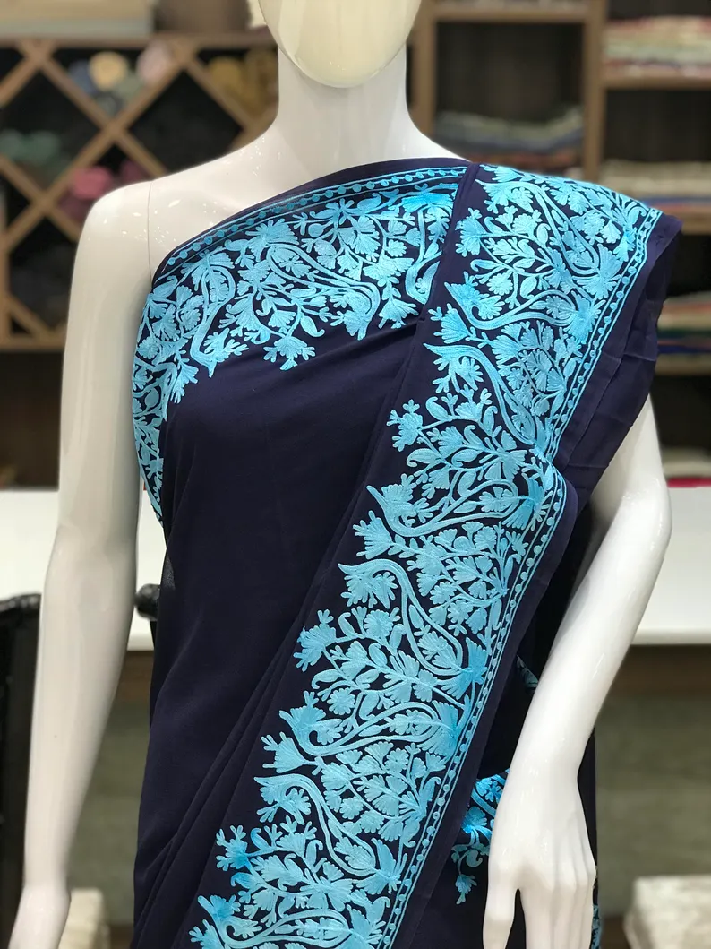 Navy Blue Viscose Georgette Aari Embroidered Kashmiri Saree front