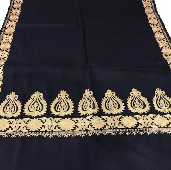 Navy Blue Pure Wool Stole with Zari Embroidery
