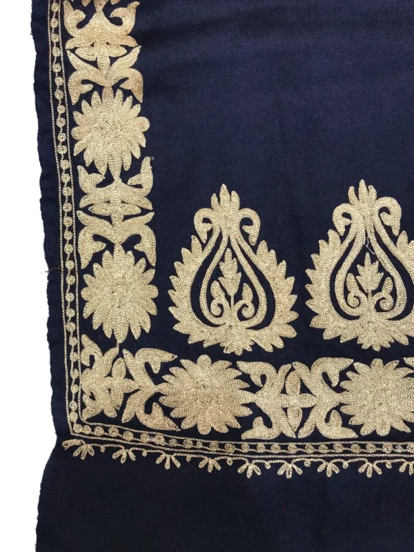 Navy Blue Pure Wool Stole with Zari Embroidery front
