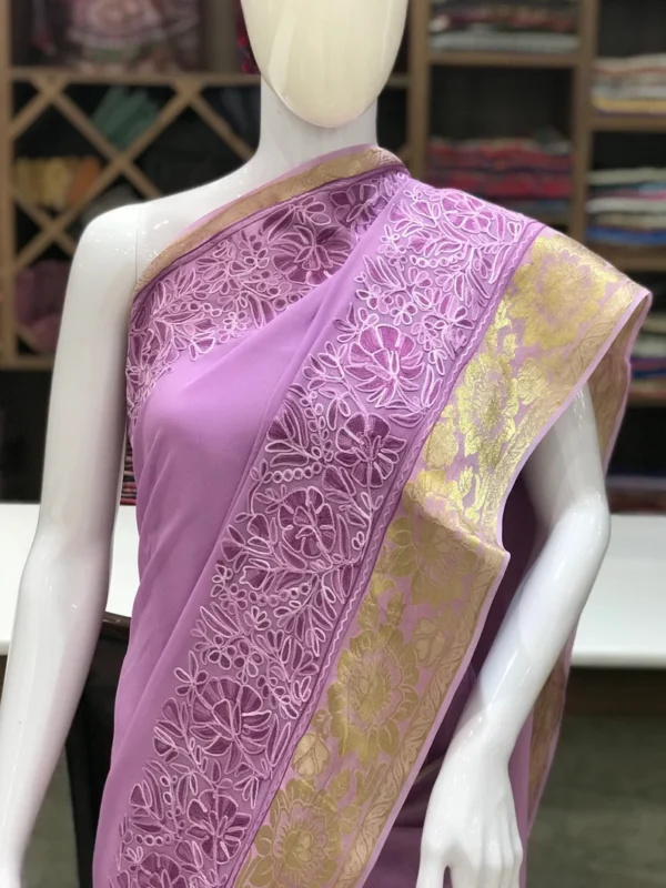 Purple Viscose Georgette Aari Embroidered Kashmiri Saree front