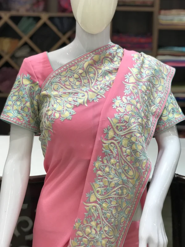 Pink Viscose Georgette Aari Embroidered Kashmiri Saree front