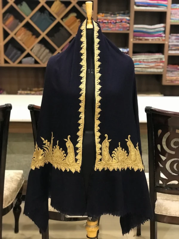 Navy Blue Pure Pashmina Stole with Gold Tilla Hand Work