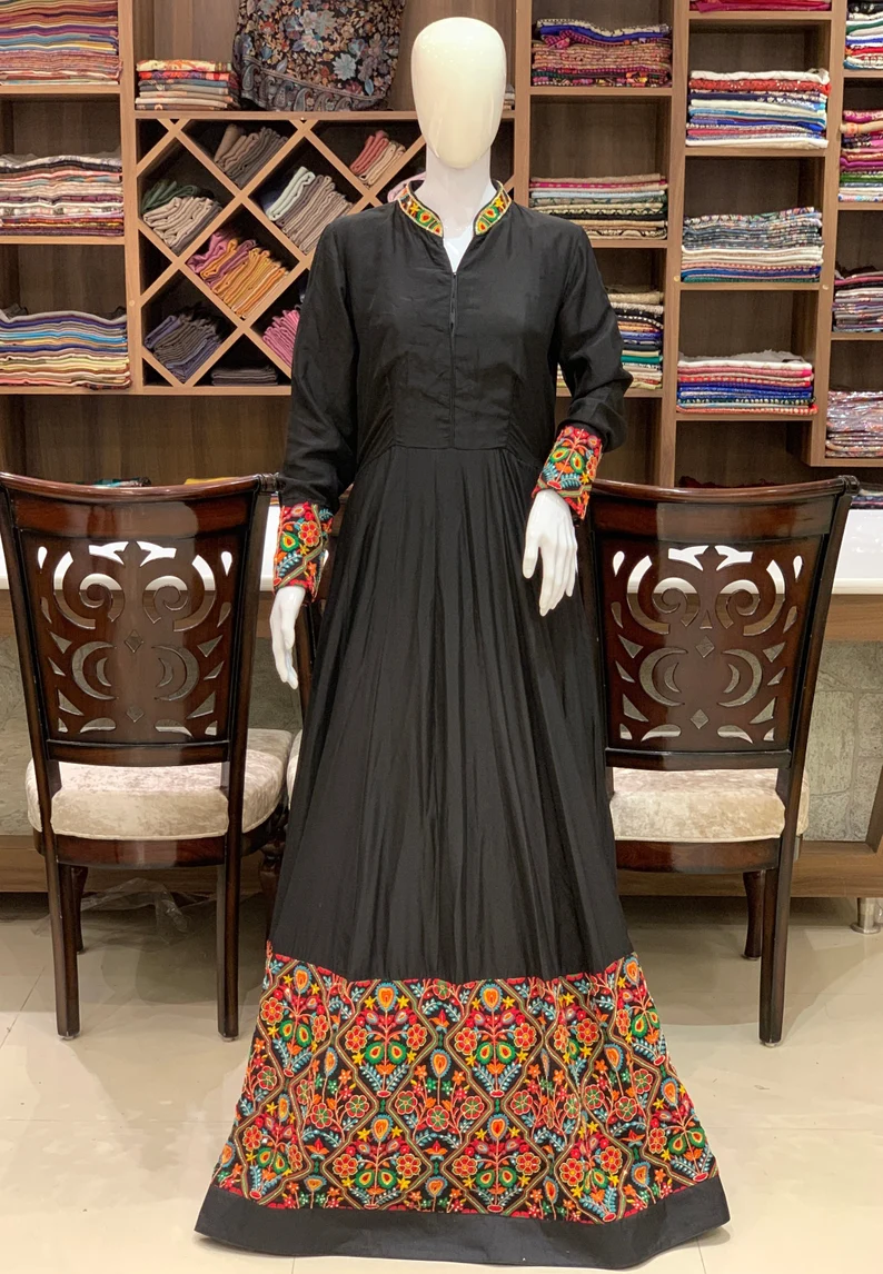 Black Pure Crepe Silk Thread Embroidered Dress