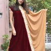 Maroon and Beige Velvet Kaftan Dress with Kashmiri Tilla Embroidery front