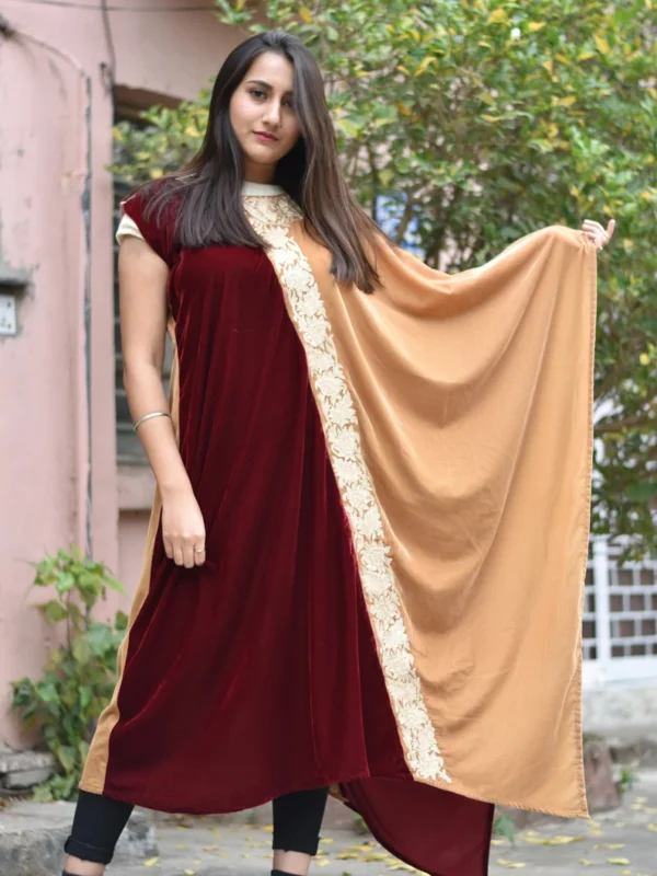 Maroon and Beige Velvet Kaftan Dress with Kashmiri Tilla Embroidery front