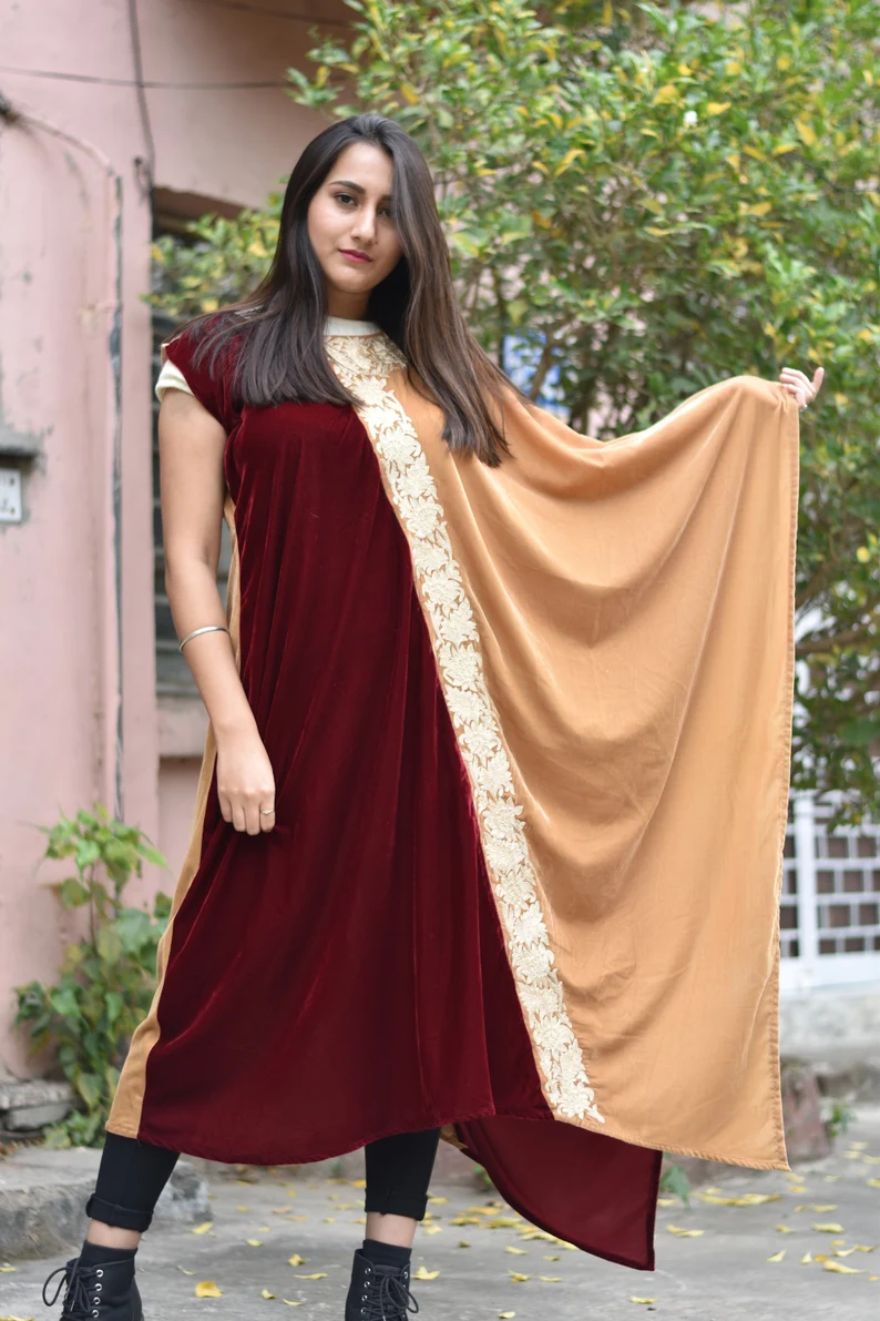 Maroon and Beige Velvet Kaftan Dress with Kashmiri Tilla Embroidery front