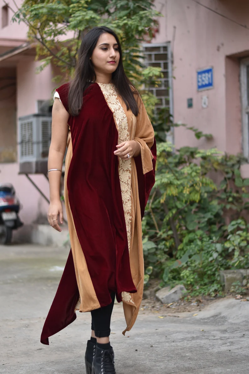 Maroon and Beige Velvet Kaftan Dress with Kashmiri Tilla Embroidery