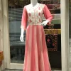 Pink and White Chinon Long Flared Dress with Kashmiri Aari Embroidery