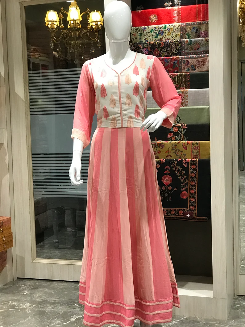Pink and White Chinon Long Flared Dress with Kashmiri Aari Embroidery