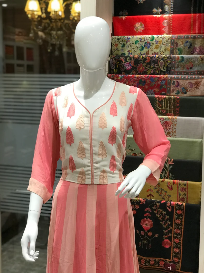 Pink and White Chinon Long Flared Dress with Kashmiri Aari Embroidery front