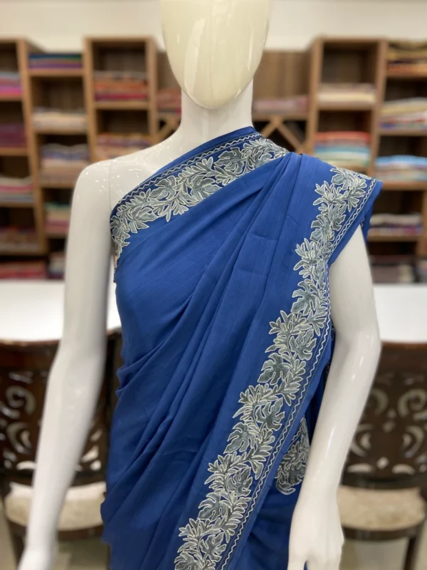 Blue Indian Crepe Aari and Tilla Fusion Embroidered Kashmiri Saree front