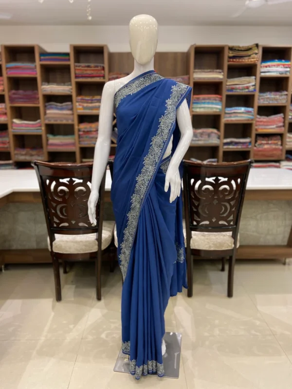 Blue Indian Crepe Aari and Tilla Fusion Embroidered Kashmiri Saree
