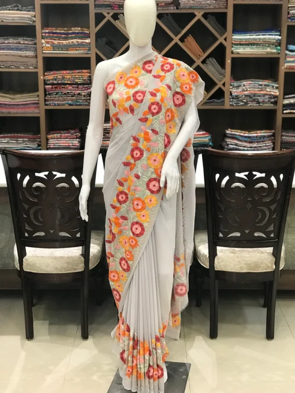 Viscose Georgette with Multi-Colour Aari Embroidered Kashmiri Saree:(Grey)