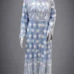 Powder Blue Flared Dress with Tulip Pattern Kashida Aari Embroidery