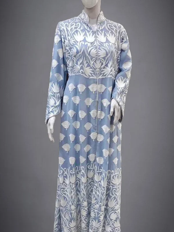 Powder Blue Flared Dress with Tulip Pattern Kashida Aari Embroidery Front