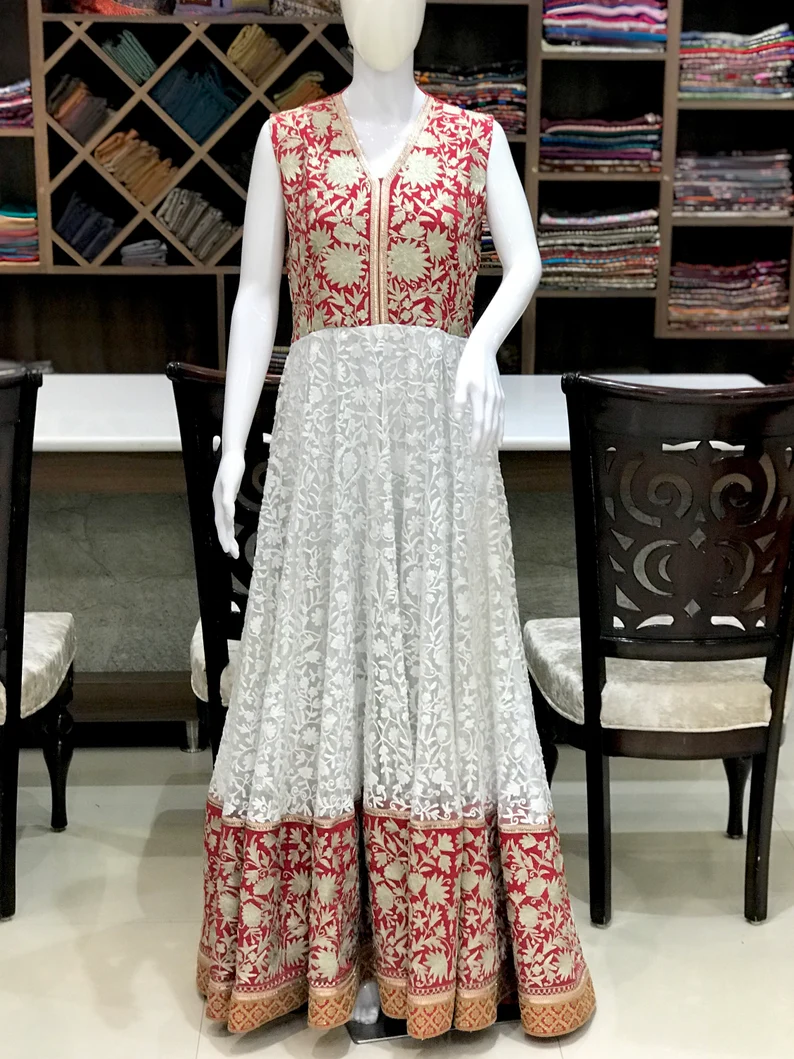 Red and White Flared Dress with Floral Tilla Embroidery