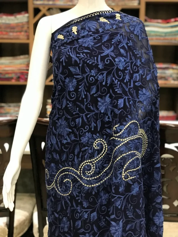 Navy Blue Viscose Georgette Tilla and Aari Embroidered Kashmiri Saree front