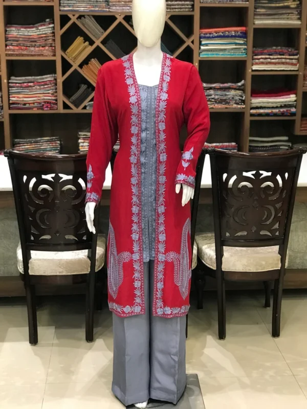 Grey and Red Silk Thread Aari Embroidered Kashmiri Dress