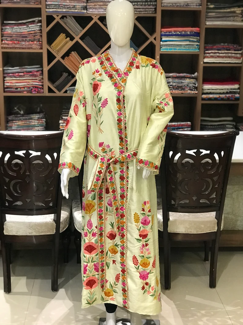 Cream Long Kashmiri Aari Embroidered Robe