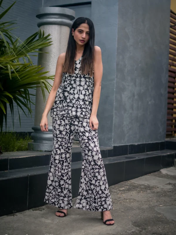 Black Floral Embroidered Camisole Top with Flared Pants front
