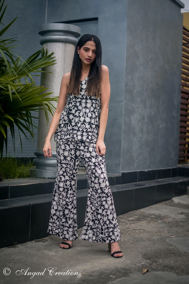 Black Floral Embroidered Camisole Top with Flared Pants front