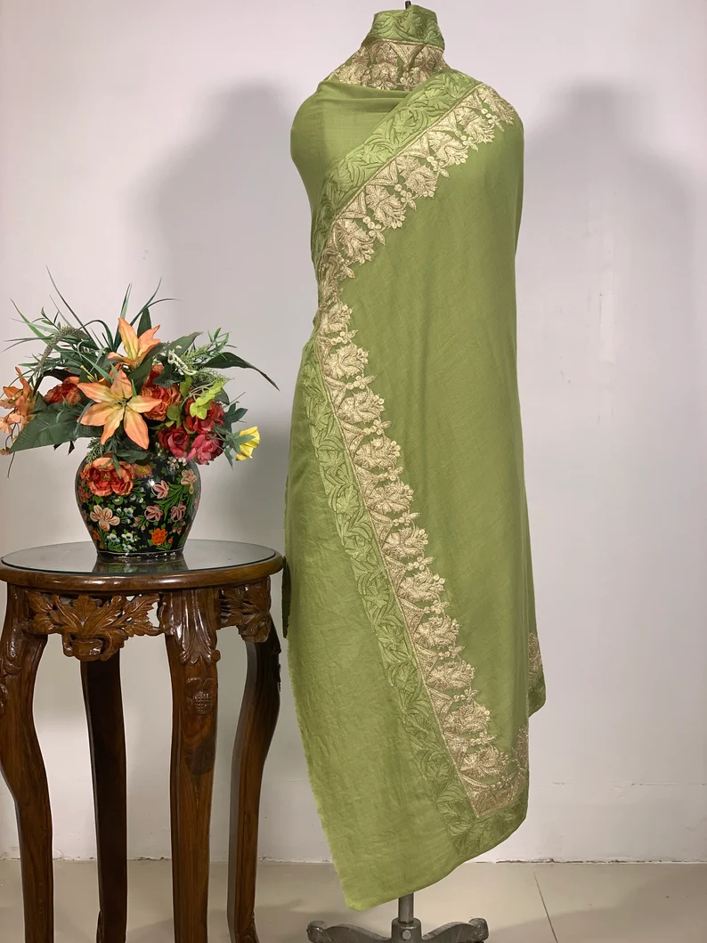 Melange Green Pure Wool Shawl with Tilla and Aari Embroidery