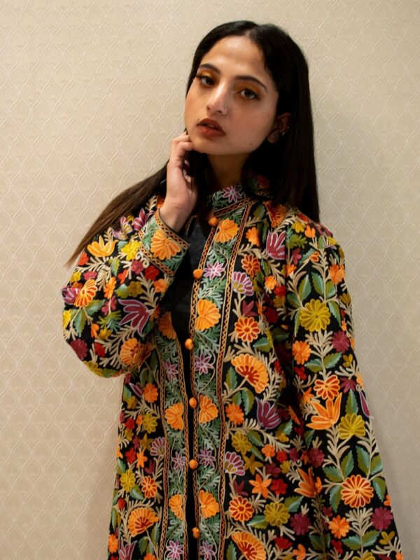 Black Floral Kashmiri Aari Embroidered Long Coat front