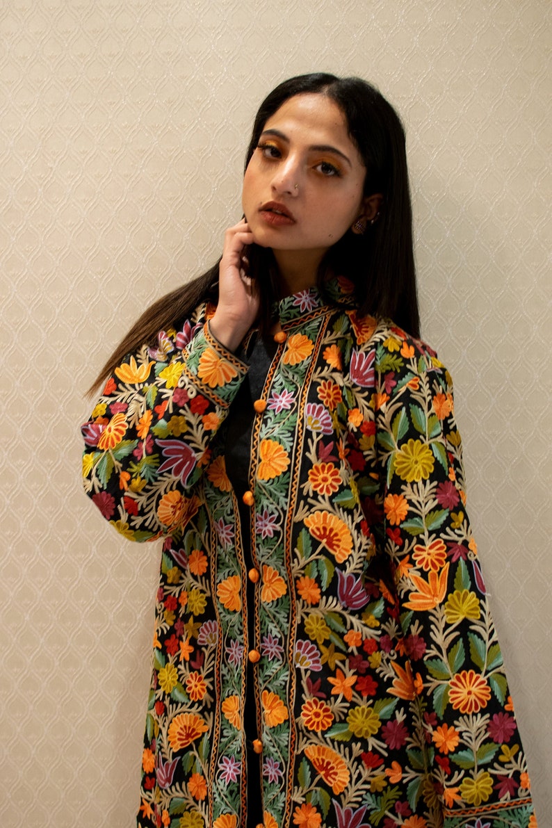 Black Floral Kashmiri Aari Embroidered Long Coat front