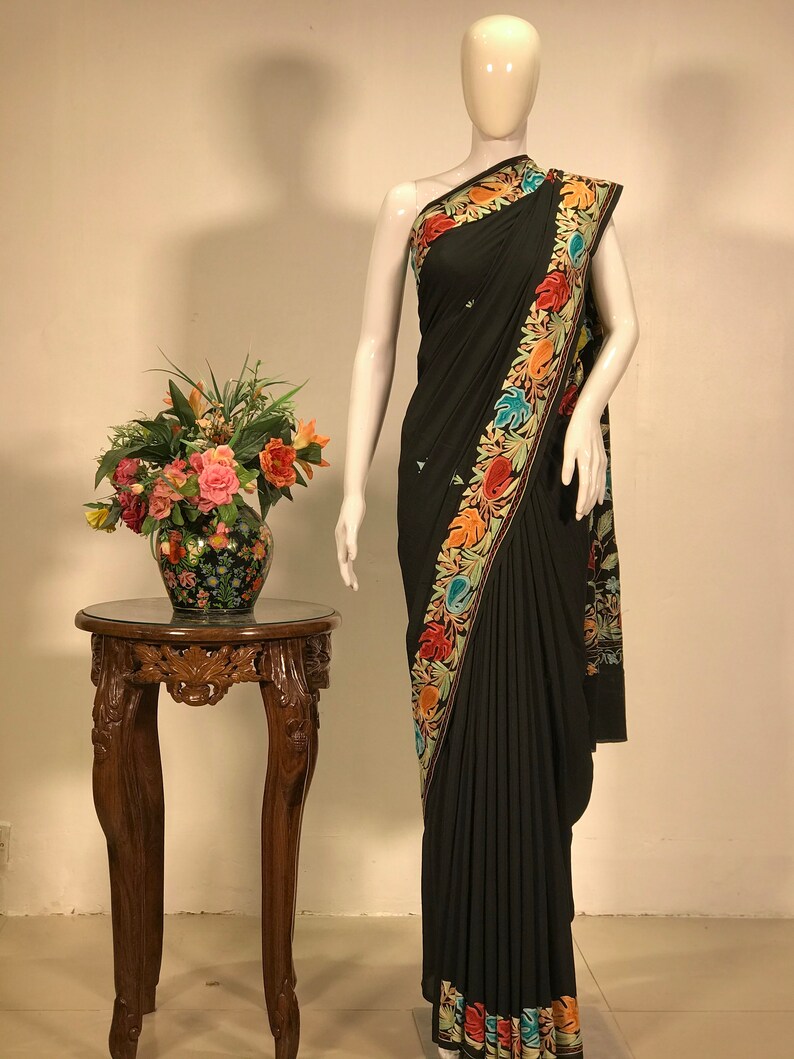 Black Viscose Georgette Aari Palla Jaal Embroidered Kashmiri Saree