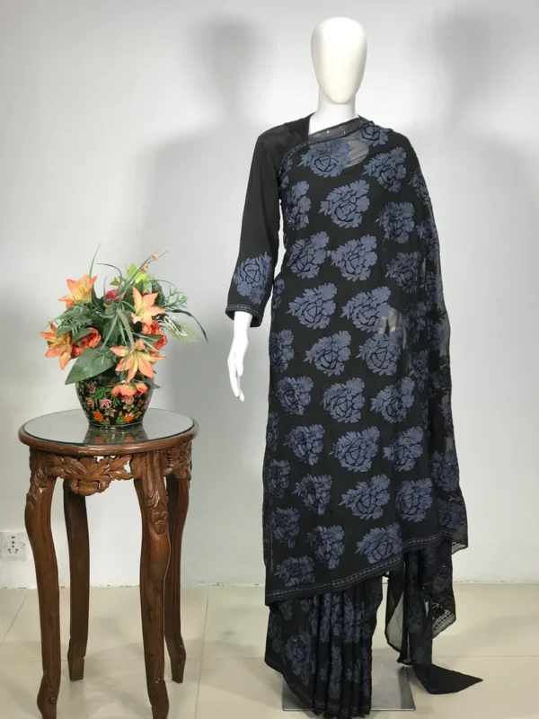 Black Viscose Georgette Aari and Hand Cut Daana Fused Kashmiri Saree