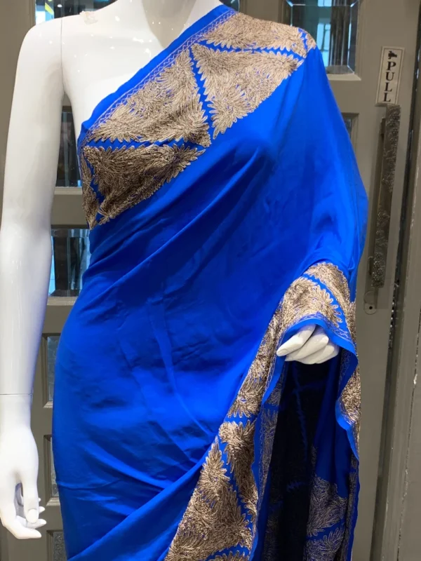 Royal Blue Pure Crepe Aari Embroidered Kashmiri Saree front