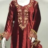 Maroon and Brown Gloss Velvet Tunic Dress with Gold Tilla Work front