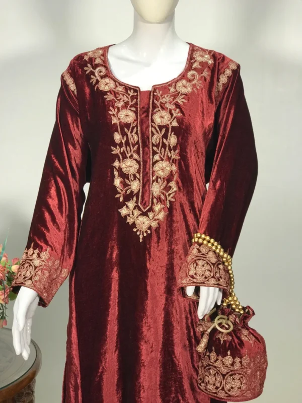 Maroon and Brown Gloss Velvet Tunic Dress with Gold Tilla Work front