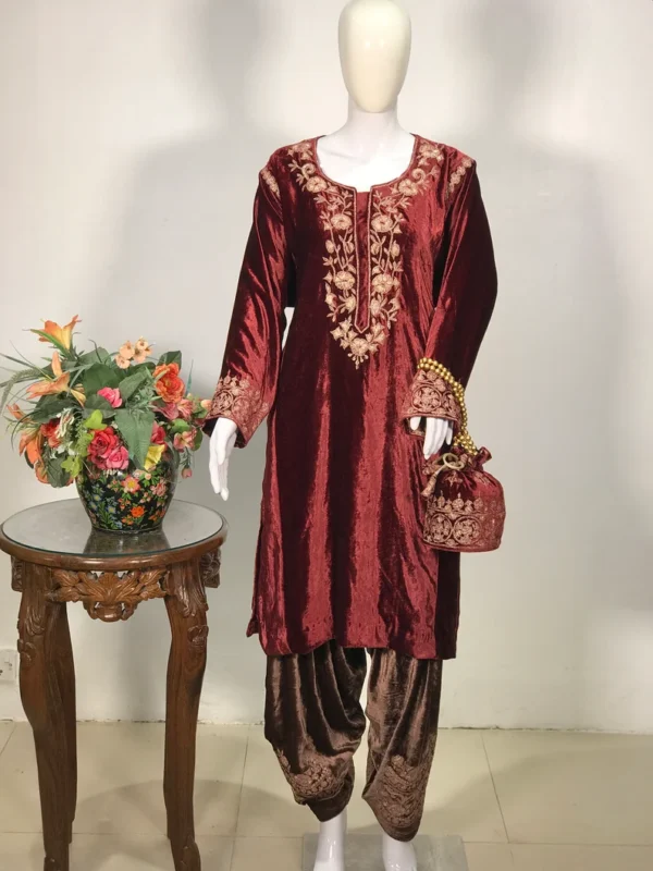 Maroon and Brown Gloss Velvet Tunic Dress with Gold Tilla Work