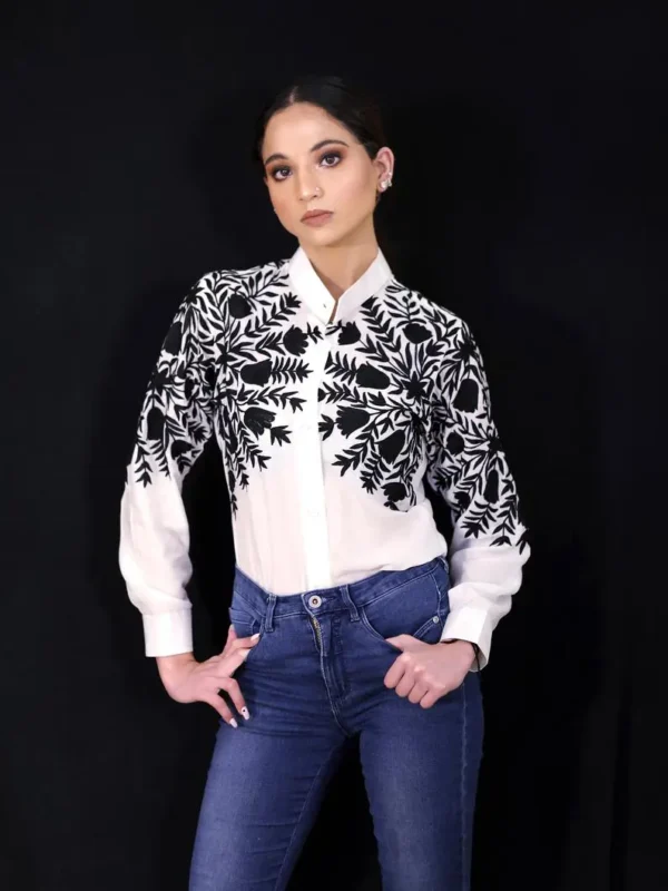 Cotton Shirt with Black Thread Embroidery (White)