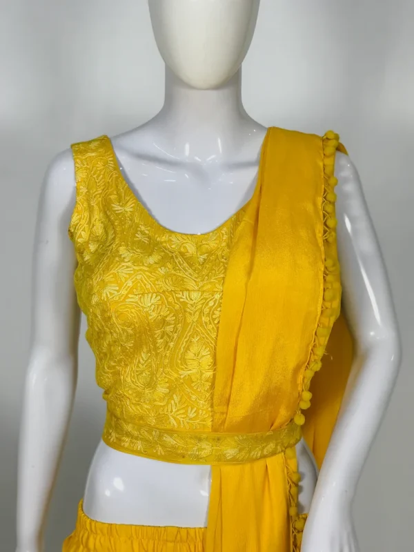 Yellow Dhoti Style Saree Dress With Embroidered Blouse front
