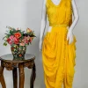 Yellow Dhoti Style Saree Dress With Embroidered Blouse
