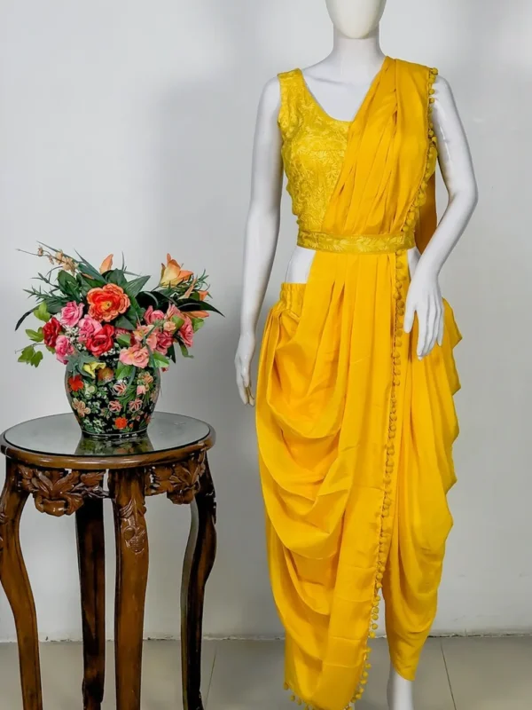 Yellow Dhoti Style Saree Dress With Embroidered Blouse