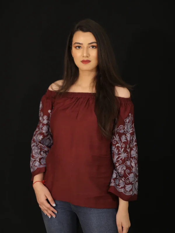 Maroon Off Shoulder Top with Embroidered Sleeves front