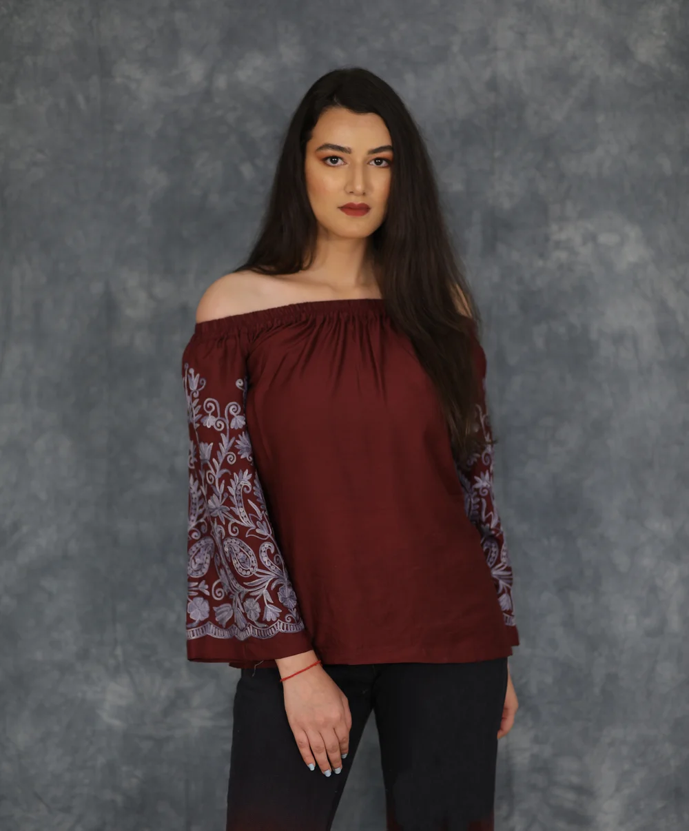 Maroon Off Shoulder Top with Embroidered Sleeves