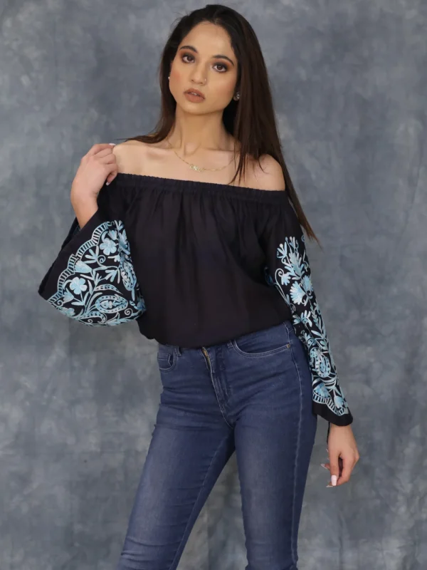 Navy Blue Off Shoulder Top with Embroidered Sleeves