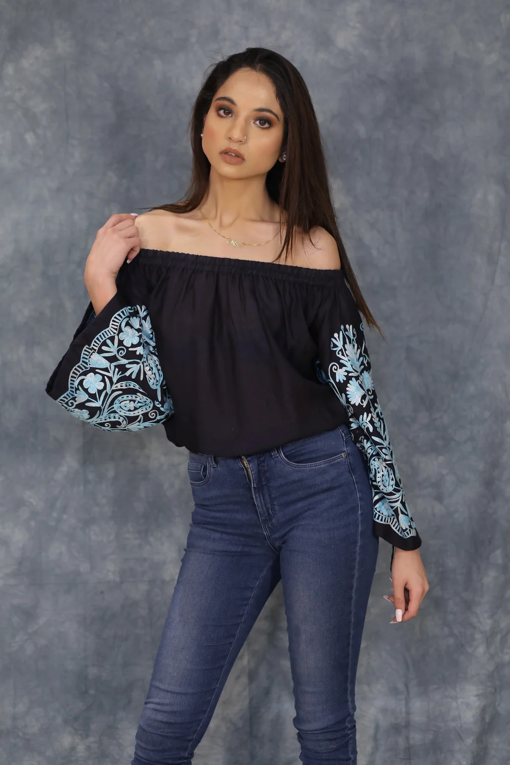 Navy Blue Off Shoulder Top with Embroidered Sleeves