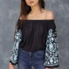 Navy Blue Off Shoulder Top with Embroidered Sleeves front