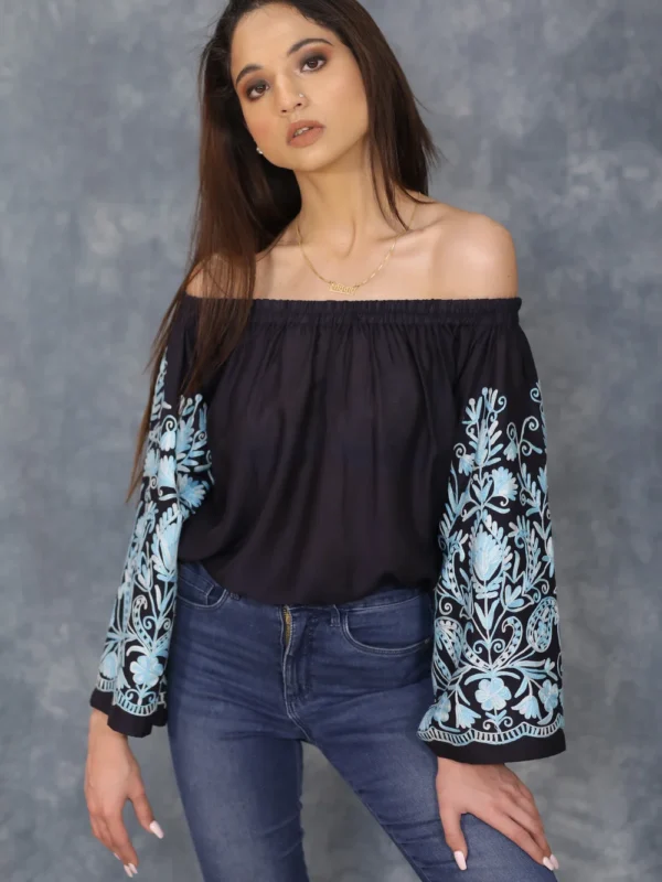 Navy Blue Off Shoulder Top with Embroidered Sleeves front