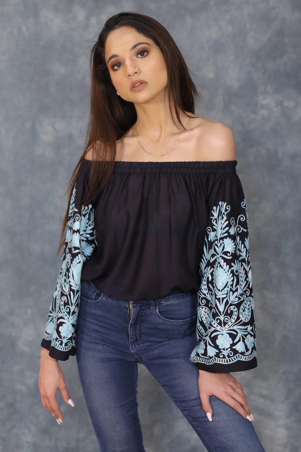 Navy Blue Off Shoulder Top with Embroidered Sleeves front