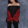 Black Off Shoulder Top with Red Embroidered Sleeves